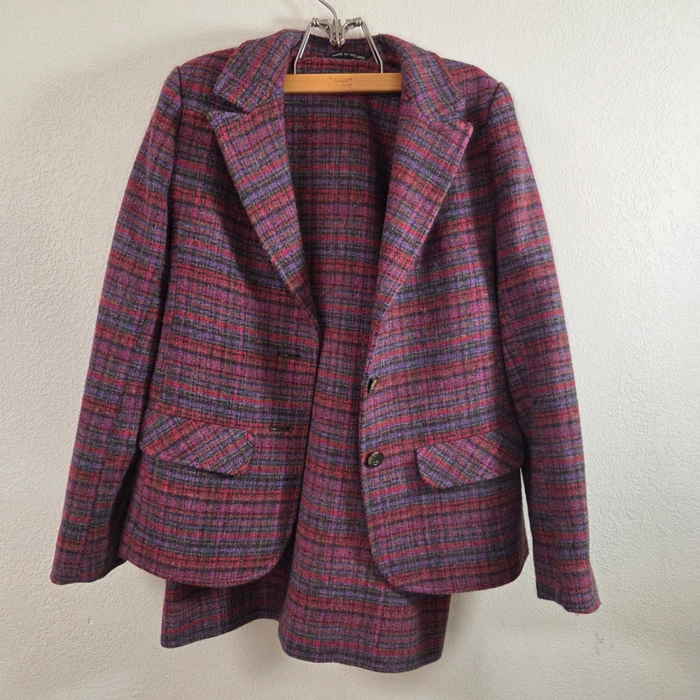 Jimmy Hourihan Dublin Vintage Irish Wool Skirt Suit Purple Plaid Tweed Size 14